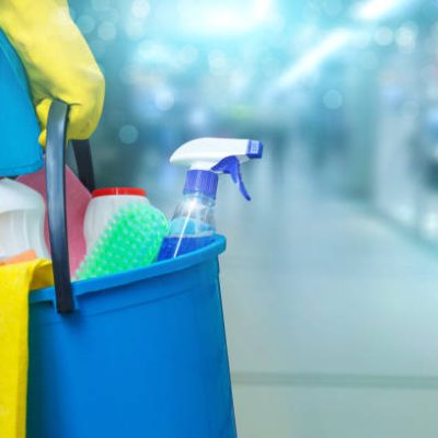 Cleaning lady with a bucket and cleaning products on blurred background .